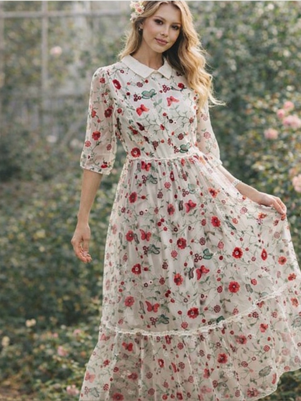 JESSAKAE- Embroidered Floral Butterfly Midi Dress Size XL
